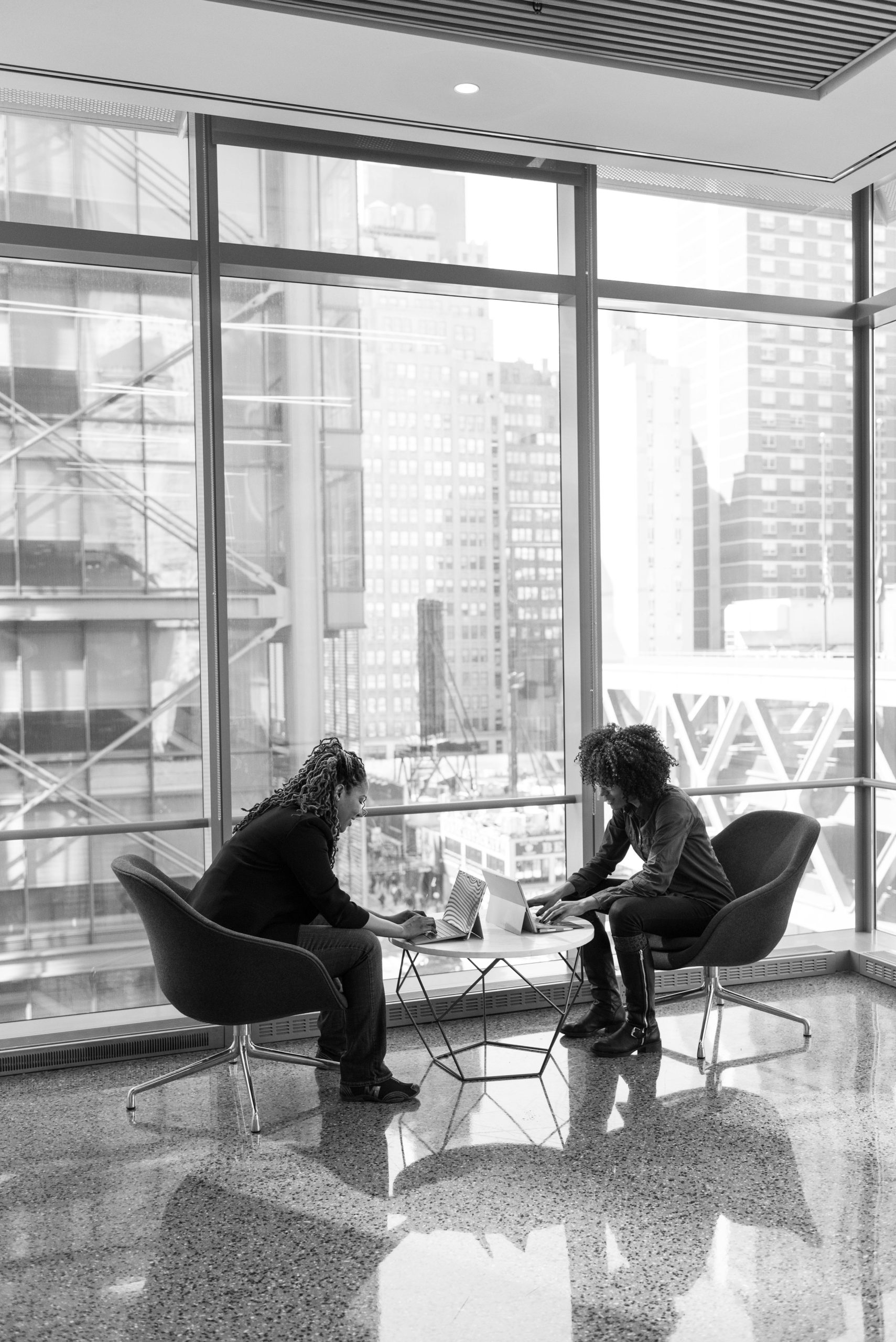 Two women engaged in a business discussion in a modern office setting with city view.